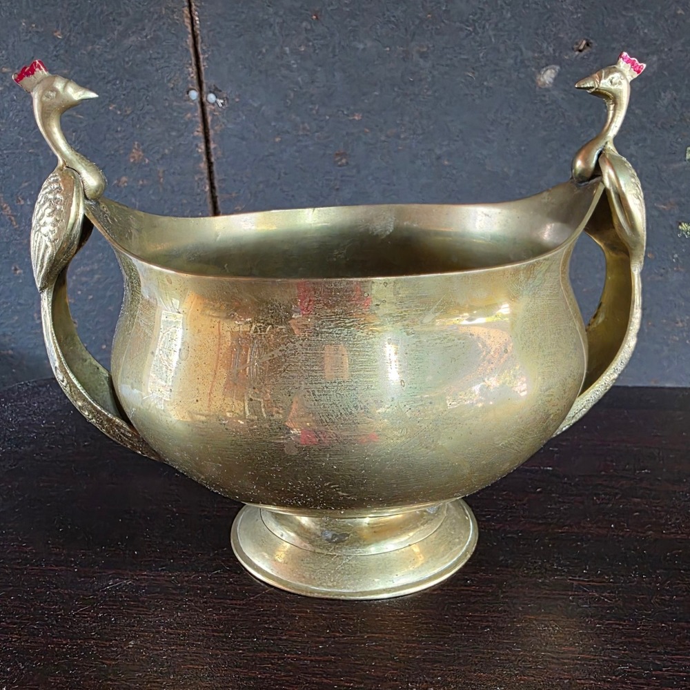 Vintage Solid Brass Peacock Bird Decor Double Handle Bowl